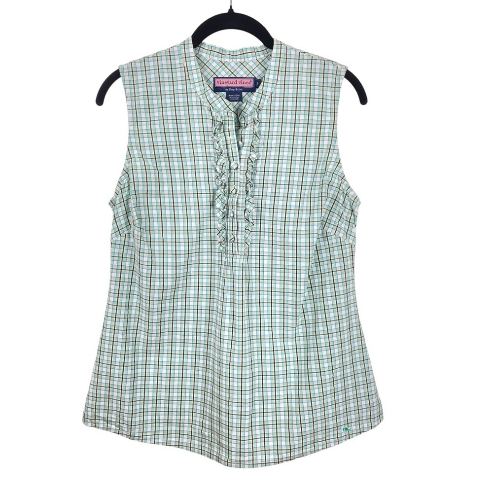 Vineyard Vines Plaid Sleeveless Blouse Teal Black Gold Ruffled Top Size 8